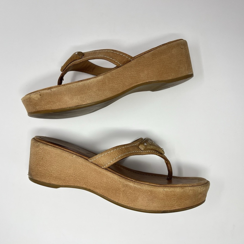 Vintage Prada 90s Y2K Brown Tan Triangle Logo Platform Wedge Thong Sandals 37 7 - Picture 4 of 10